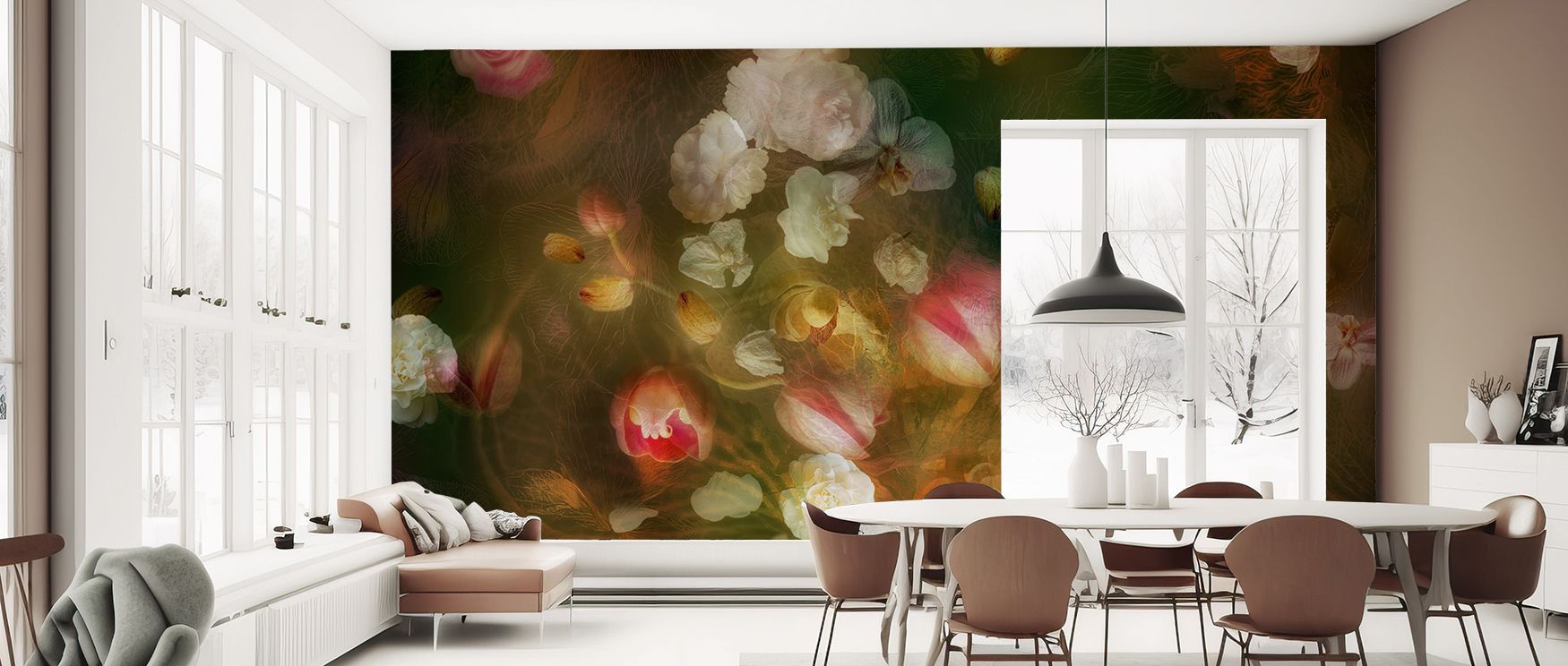 Seam continuity carries petal lines smoothly; The Floral Golden Hour Wallpaper avoids breaks. Study corners benefit from calm flow. Surfaces stay cohesive. Imagery conveys grace. Balance sustains order. Elegance persists gently. Serenity holds steady. The