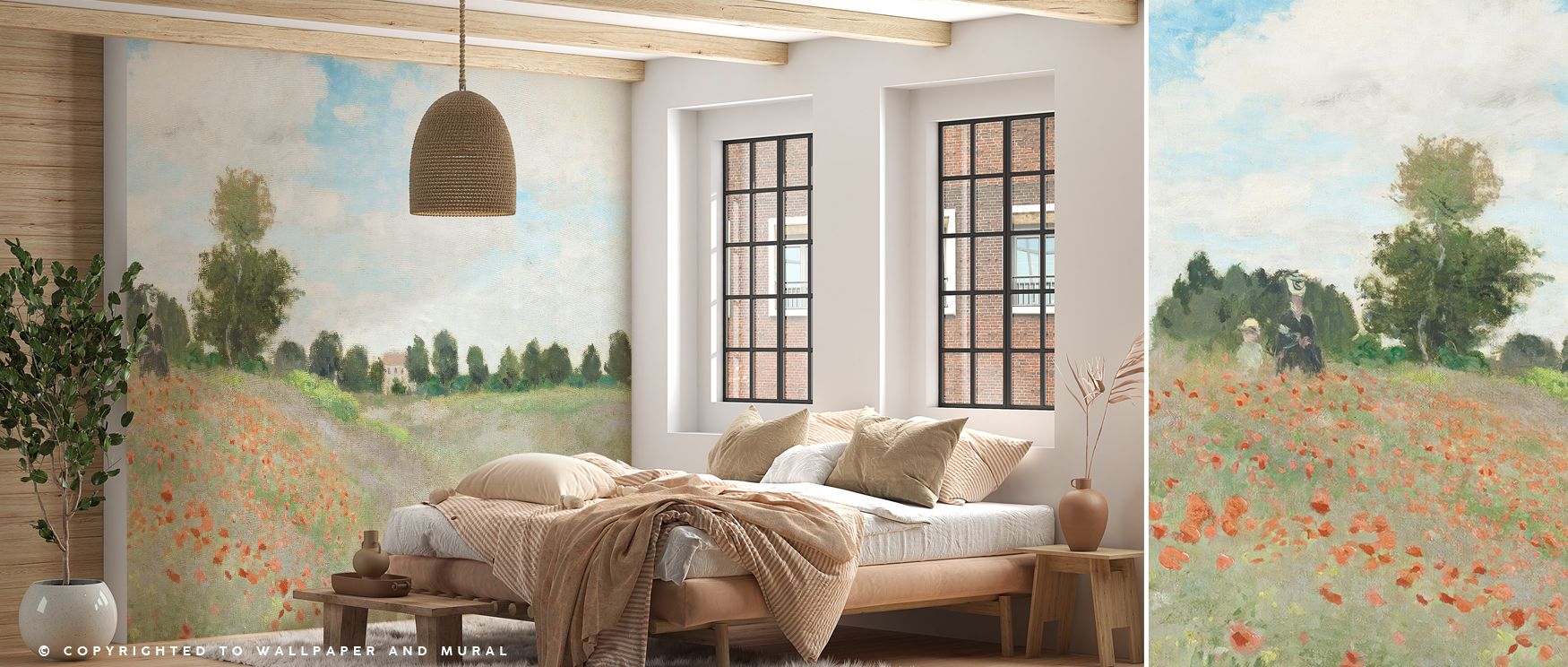 Blossoms scatter in red bursts across balanced fields; The Poppy Field near Argenteuil Wallpaper sustains vibrancy. Bedrooms glow warmly. Surfaces stay lively. Balance defines imagery. Elegance frames rhythm. Calm sustains tone. The design feels refined. 