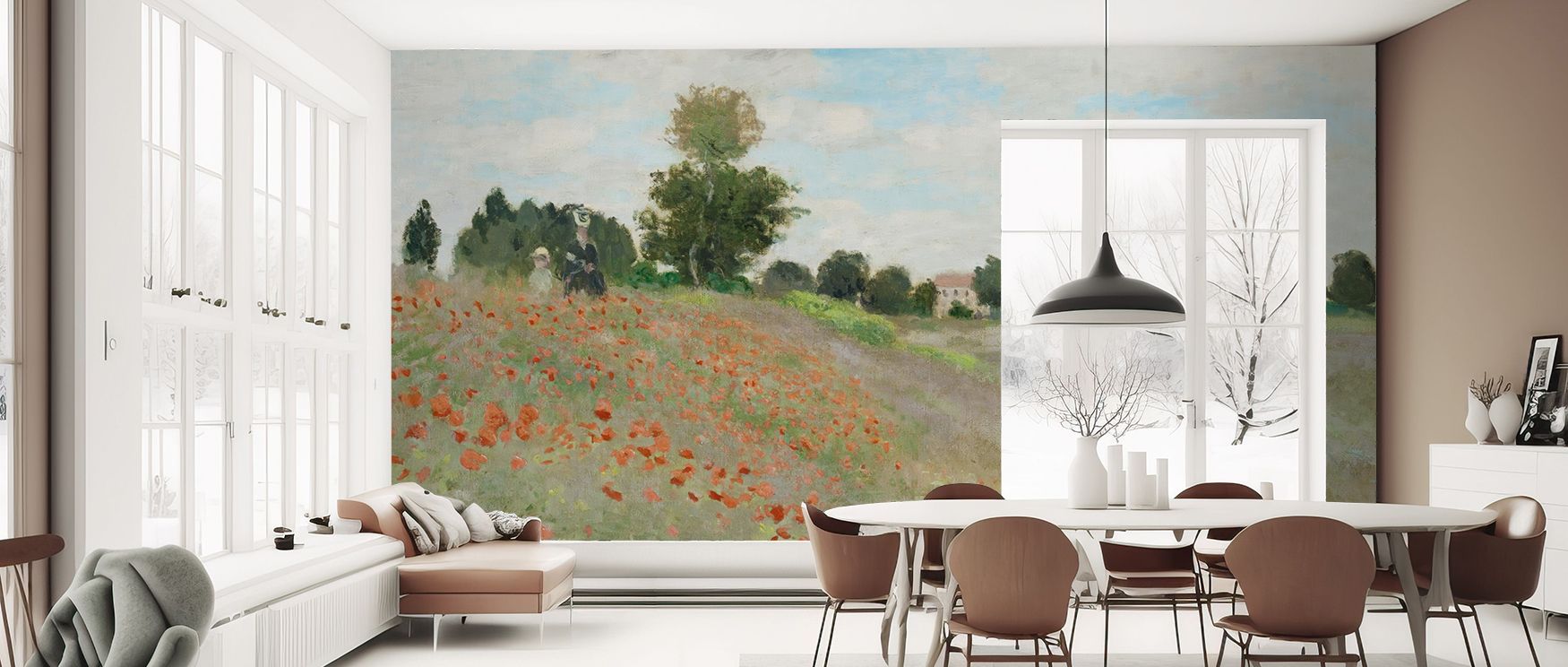 Palette focuses on vivid reds paired with greens; The Poppy Field near Argenteuil Wallpaper moderates tones for balance. Living walls feel spirited. Surfaces glow gently. Imagery conveys energy. Balance defines mood. Elegance sustains imagery. Serenity re
