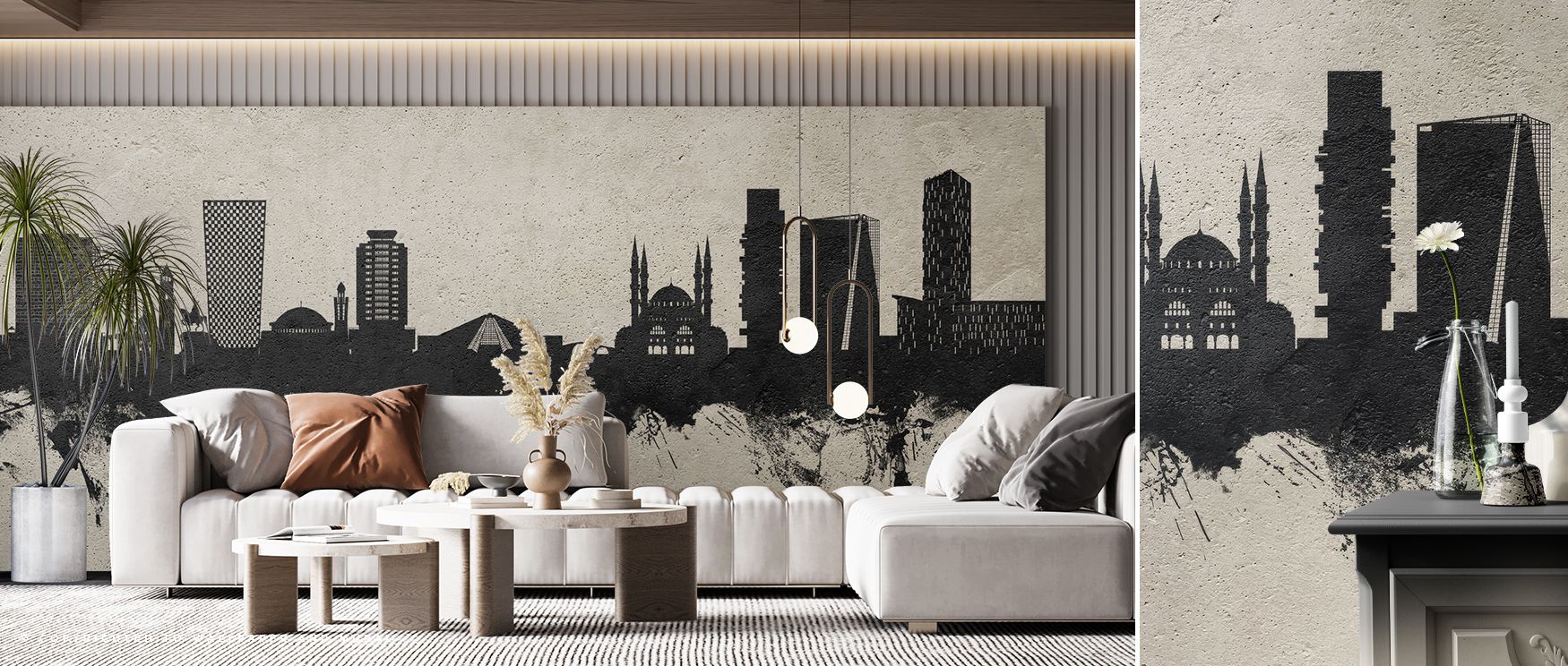 Negative space provides air above rooftops. Tirana Skyline Concrete Wallpaper integrates openness. Surfaces glow calmly. Imagery conveys calm. Balance defines imagery. Calm persists evenly. Elegance frames tone. Serenity sustains rhythm. The effect feels 