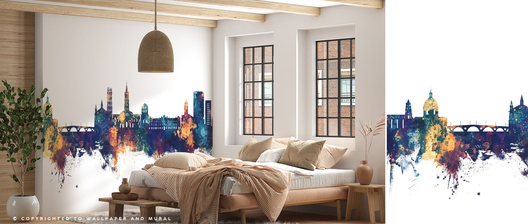 Bronze lines kiss parapets while deep blues anchor massing; Toulouse France Skyline Blue & Bronze Wallpaper keeps silhouettes noble in living rooms. Edge work stays crisp. Depth builds in half-steps. Sky reads breathable. Rhythm remains poised. The scene 