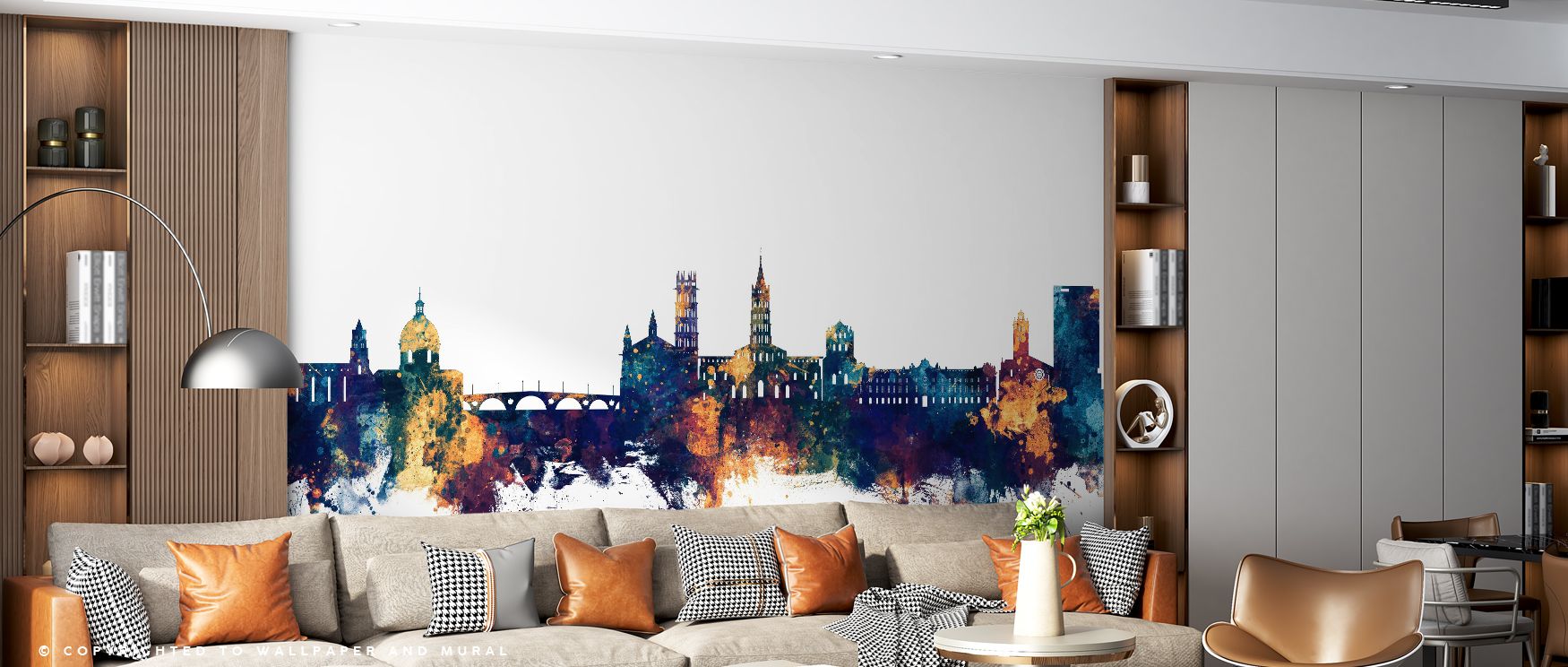 Fore planes carry weight as mid bands lighten with restraint; Toulouse France Skyline Blue & Bronze Wallpaper balances perspective for office walls. Highlights stay linear. Nothing glares. Movement is measured. Negative space gives air. Elegance lingers. 