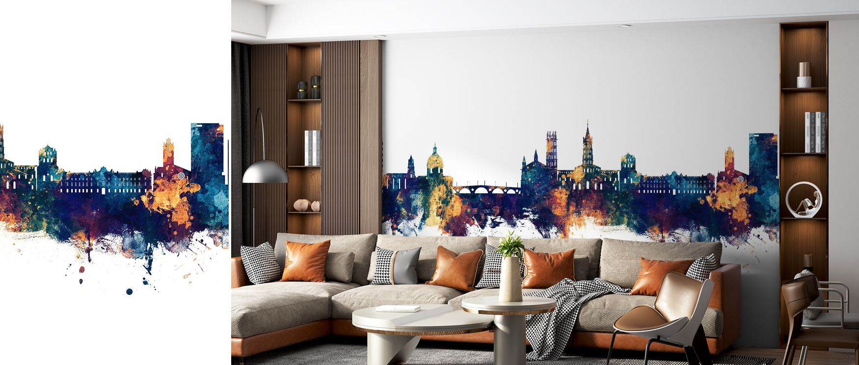 Subtle bronze sparks tip spires like punctuation, not paint fills; Toulouse France Skyline Blue & Bronze Wallpaper treats light with discipline. Conference corners gain polish. Blues stay matte. Profiles remain exact. Flow is steady. The mood is urbane. 