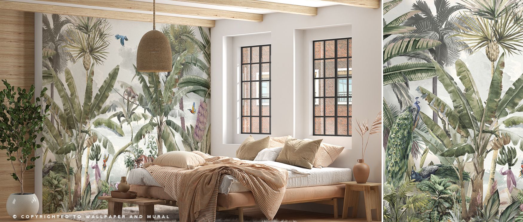 Layered fronds arc over broad foliage while subtle blooms peek through; Tropic Fantasy Wallpaper lends living rooms a sun-washed lift. Veins catch light. Greens vary richly. Edges stay clean. Airy gaps breathe. The field feels lush. 