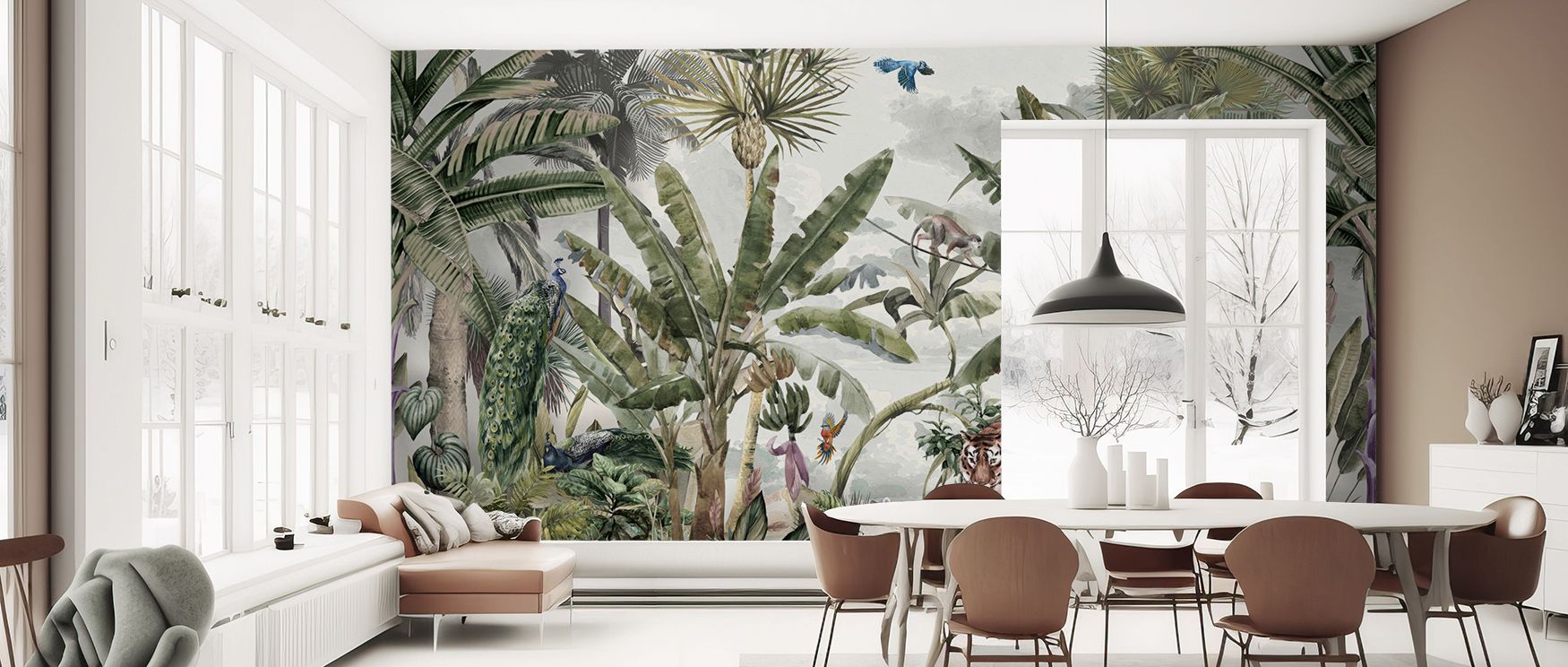 Negative space shapes pockets of sky to avoid heaviness; Tropic Fantasy Wallpaper keeps lounge corners open. Overlaps feel grown. Texture reads botanical. Depth remains believable. Pace stays gentle. Harmony holds. 
