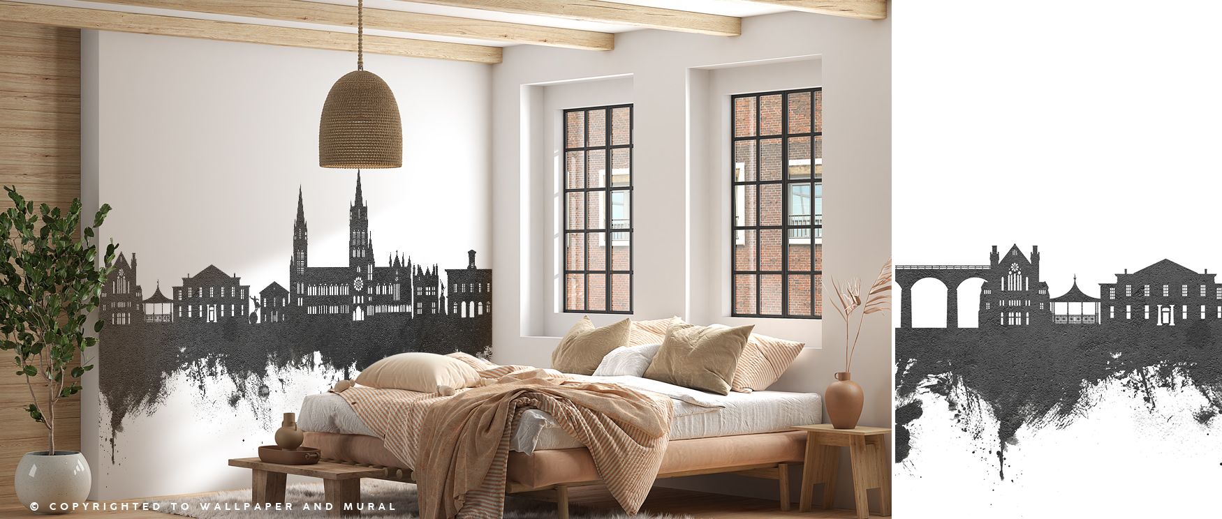 Strong silhouettes step across a pale field while soft greys imply distance; Truro England Skyline Black & White Wallpaper suits office walls with calm order. Lines remain crisp. Shadows stay light. Sky breathes. Rhythm is steady. The read is iconic. 