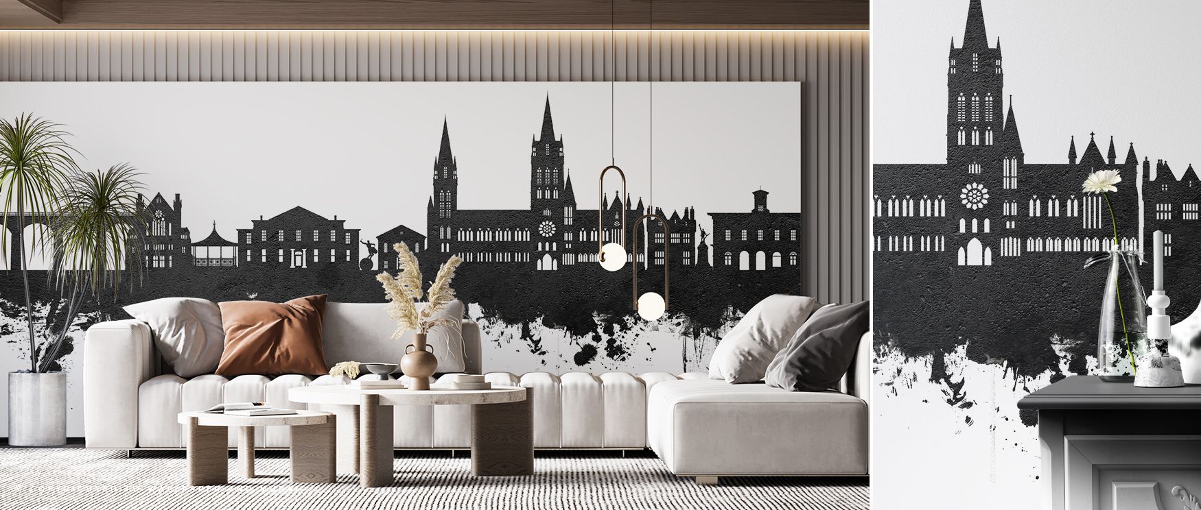 Negative sky cushions rooflines to prevent crowding; Truro England Skyline Black & White Wallpaper preserves clarity in bedrooms. Edges soften slightly. Repeats hide. Depth cues persist. The vista feels whole. Elegance reads pure. 