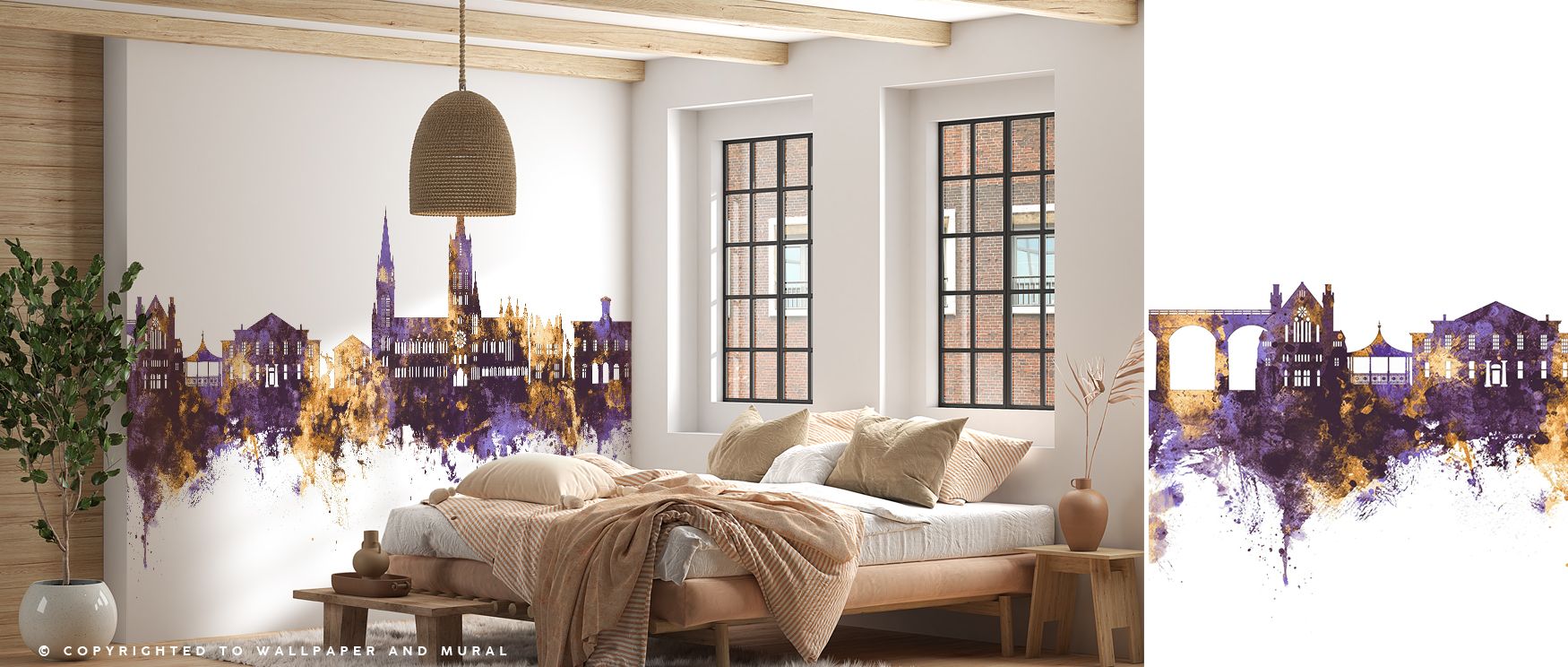 Deep purple tones ground silhouettes while gold strokes brighten crowns; Truro England Skyline Purple & Gold Wallpaper holds balance. Living spaces gain calm luxury. Surfaces glow warmly. Depth reads refined. Lines remain crisp. Rhythm stays poised. Seren