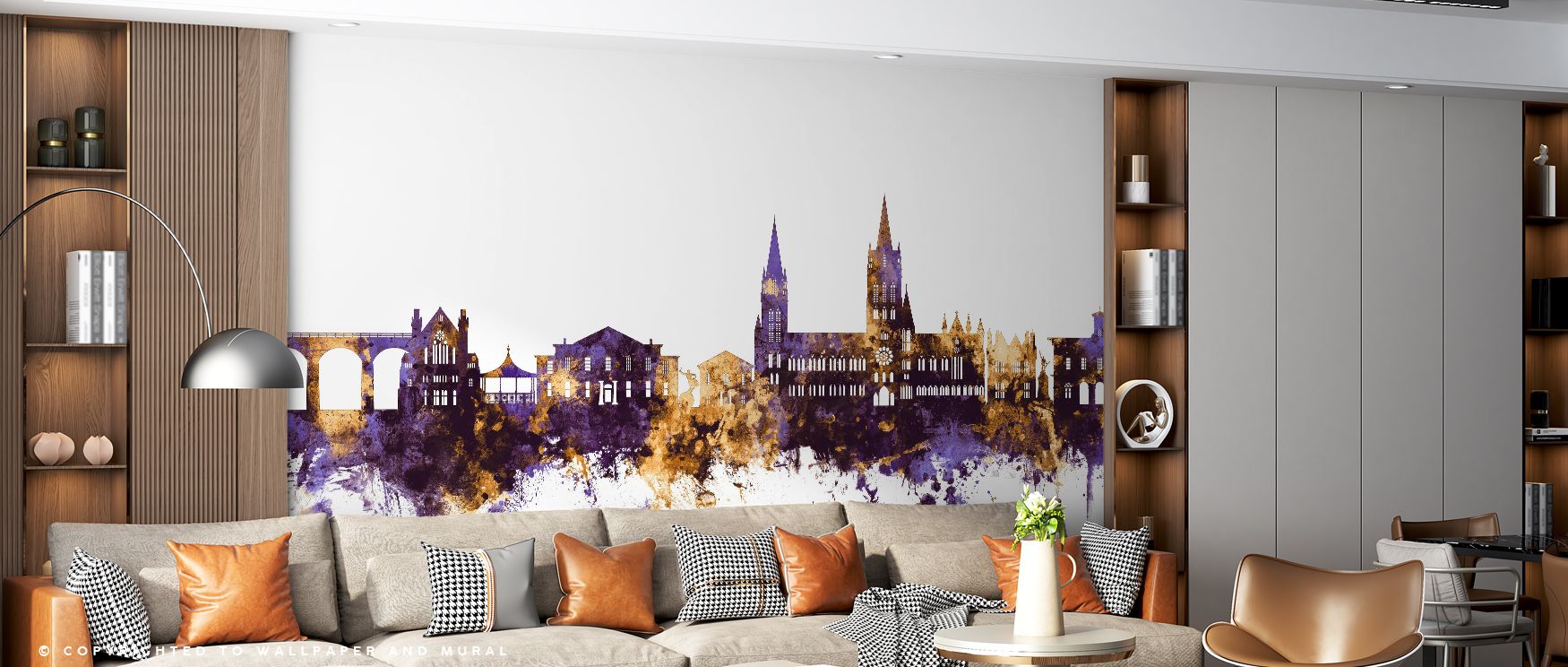 Fore structures rise boldly while mid bands soften gently; Truro England Skyline Purple & Gold Wallpaper sustains perspective. Bedrooms gain elegance. Tones remain consistent. Continuity is seamless. Atmosphere feels urbane. Calm persists. The skyline is 