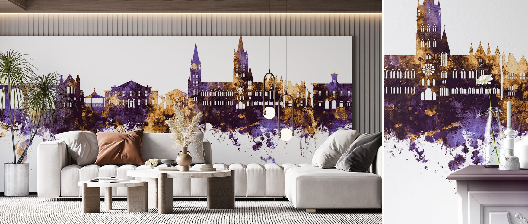 Gold highlights glimmer sparingly like accents of light; Truro England Skyline Purple & Gold Wallpaper uses restraint. Offices gain polish. Balance holds. Lines stay clean. Rhythm is steady. Harmony prevails. Refinement endures. 