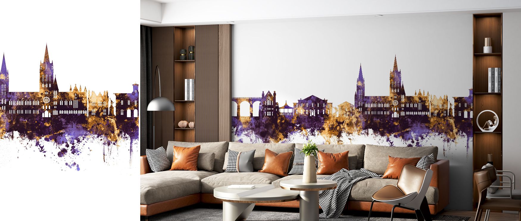 Negative space lifts rooftops with air, creating openness; Truro England Skyline Purple & Gold Wallpaper sustains clarity. Study corners breathe serenity. Proportions remain true. Depth cues feel natural. Order is constant. Elegance carries. The design re
