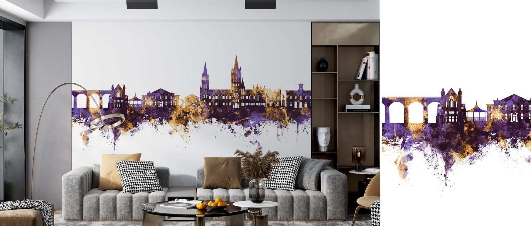 Seam transitions preserve skyline continuity without breaks; Truro England Skyline Purple & Gold Wallpaper keeps flow intact. Lounges feel expansive. Repeats align. Cadence is smooth. Colors stay rich. Presence reads dignified. Calm persists. 