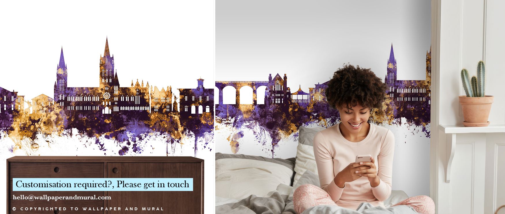 Purple depths contrast golden edges, regal yet modern; Truro England Skyline Purple & Gold Wallpaper maintains tonal equilibrium. Dining areas gain sophistication. Balance endures. Glow feels subtle. Rhythm remains calm. Atmosphere stays poised. The vista