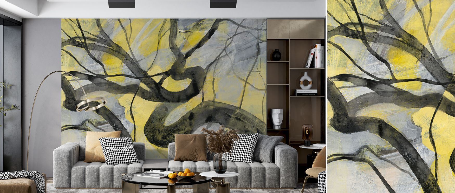 Palette rests in greys and browns with muted greens; Twisted Trees Wallpaper curates hues carefully. Living areas gain sophistication. Surfaces glow warmly. Depth feels authentic. Rhythm remains calm. Balance holds constant. Serenity persists. 