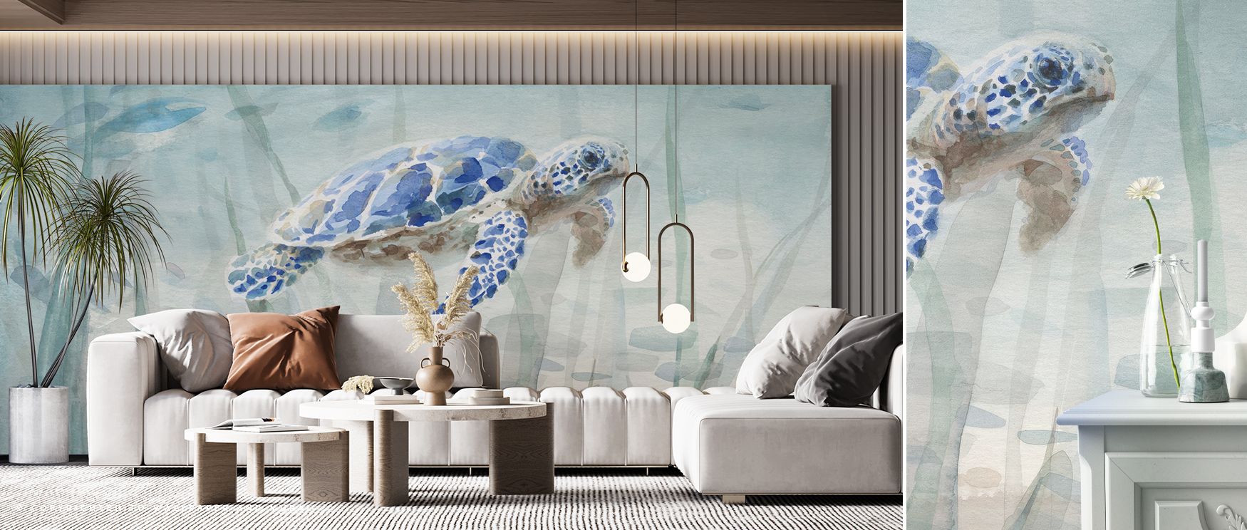Negative space opens expanses of water to avoid heaviness. Undersea Turtle Wallpaper curates clarity thoughtfully. Dining areas breathe. Surfaces feel calm. Balance holds strong. Flow remains even. Serenity defines mood. The scene is poised. 