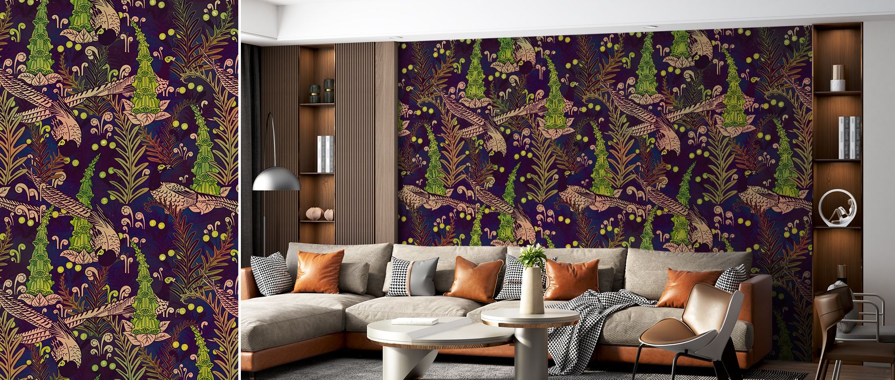 Seam transitions align feather arcs across panels. Underwater Peacocks Wallpaper ensures continuity in living spaces. Nothing jars. Rhythm remains smooth. Balance holds firmly. Serenity flows steadily. Elegance continues. The field feels whole. 