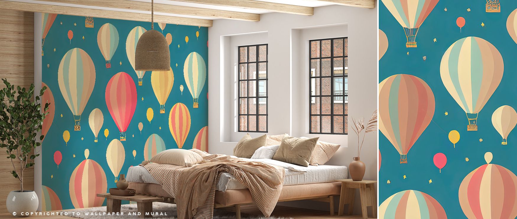 Hot air balloons drift gracefully across pale skies. Up and Away Wallpaper lifts bedrooms with playful charm. Surfaces glow softly. Rhythm sustains joy. Balance holds evenly. Serenity defines tone. Elegance persists gently. The mood feels whimsical. 