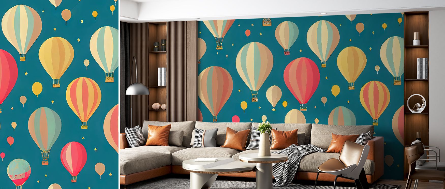 Seam transitions extend balloons seamlessly across panels. Up and Away Wallpaper keeps flow intact for hallways. Surfaces stay cohesive. Rhythm holds true. Balance persists gently. Serenity flows calmly. Elegance sustains tone. The scene is cheerful. 