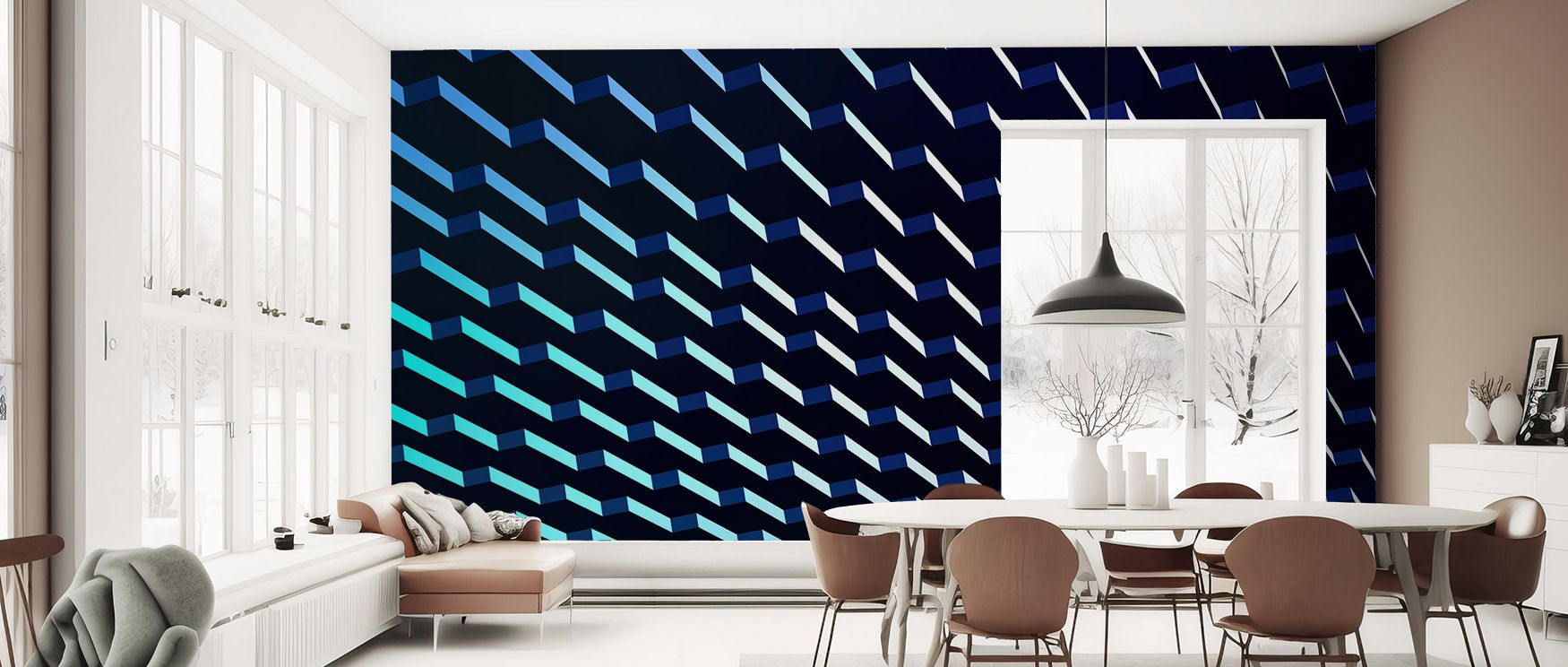 Panels align seamlessly so patterns extend naturally. Up or Across Wallpaper ensures continuity in lounge areas. Surfaces feel cohesive. Rhythm remains steady. Balance persists calmly. Serenity flows gently. Elegance holds firmly. The result is poised. 