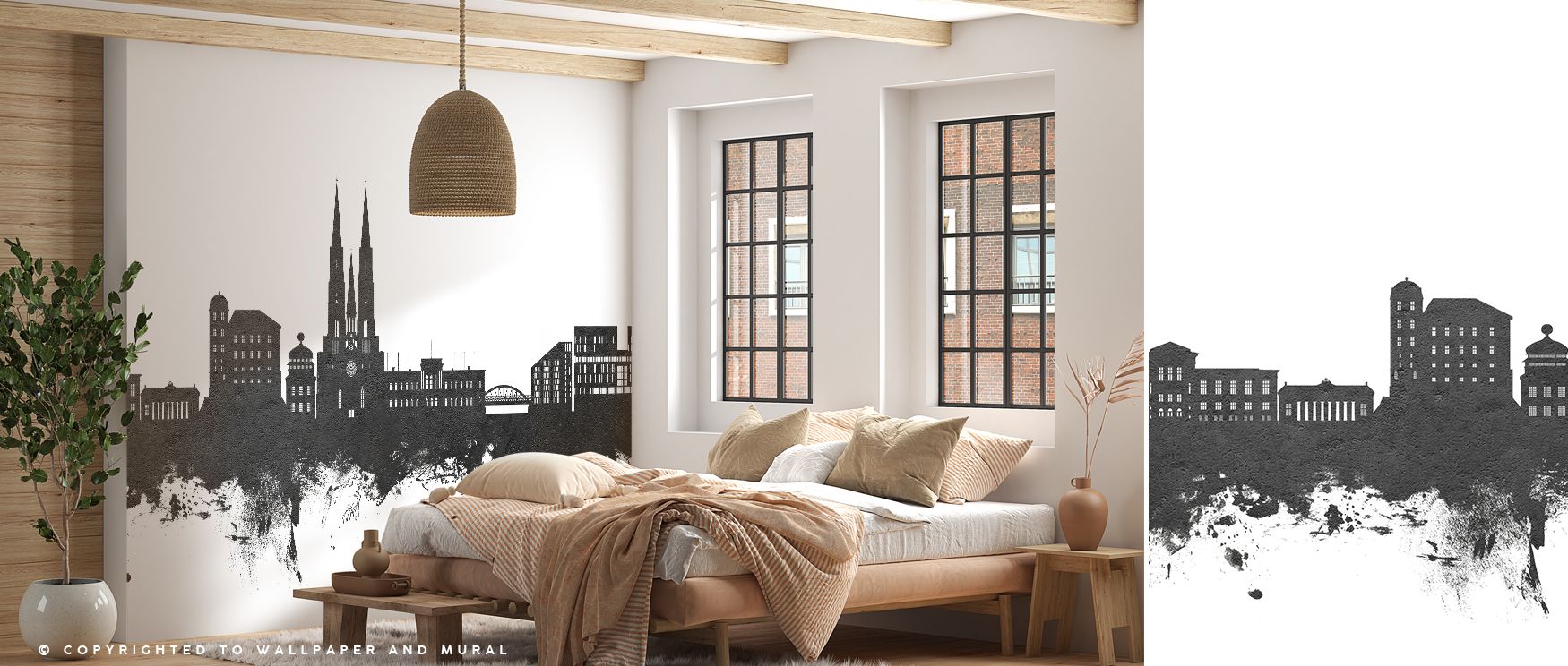 Silhouettes rise sharply against pale grounds, creating balance. Uppsala Skyline Black & White Wallpaper enriches offices with clarity. Surfaces glow smoothly. Rhythm persists evenly. Balance stays calm. Serenity defines mood. Elegance endures. The look i