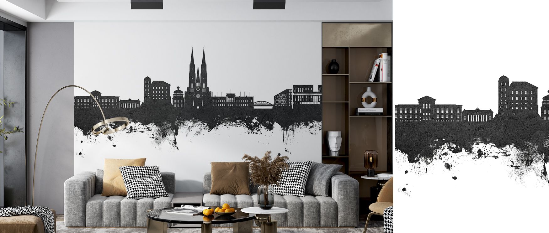 Seam transitions extend skyline forms cleanly across panels. Uppsala Skyline Black & White Wallpaper maintains continuity. Offices feel cohesive. Rhythm remains steady. Balance persists evenly. Serenity flows calmly. Elegance carries imagery. The effect i