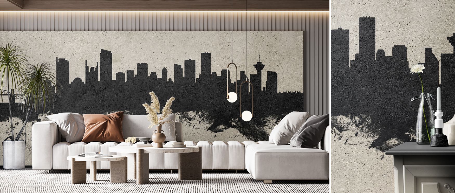 Negative sky areas open design for breathability. Vancouver Canada Skyline Concrete Wallpaper prevents heaviness in living rooms. Surfaces glow smoothly. Rhythm remains calm. Balance holds firm. Serenity frames tone. Elegance defines imagery. The result f