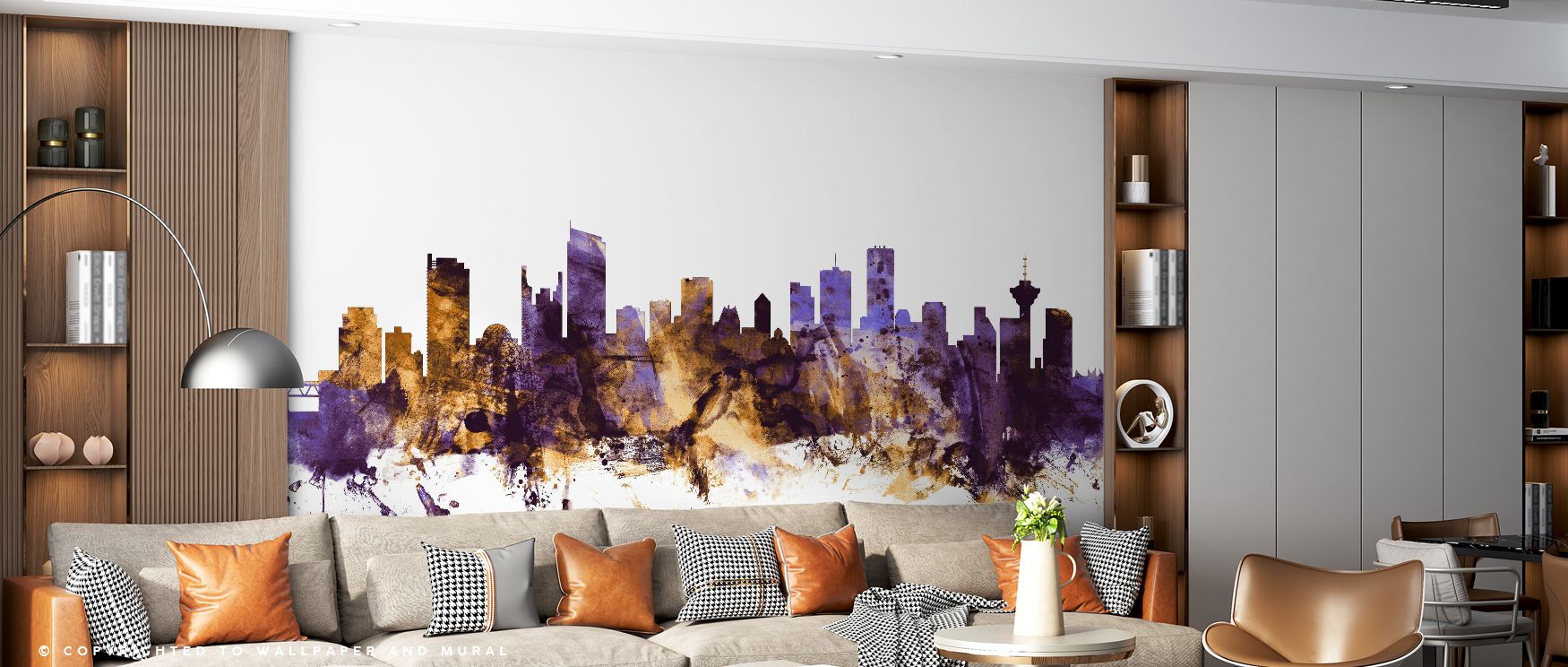 Foreground anchors contrast gracefully with lighter upper tones. Vancouver Canada Skyline Purple & Gold Wallpaper sustains harmony in offices. Surfaces glow gently. Rhythm flows smoothly. Balance holds firmly. Serenity frames imagery. Elegance continues c