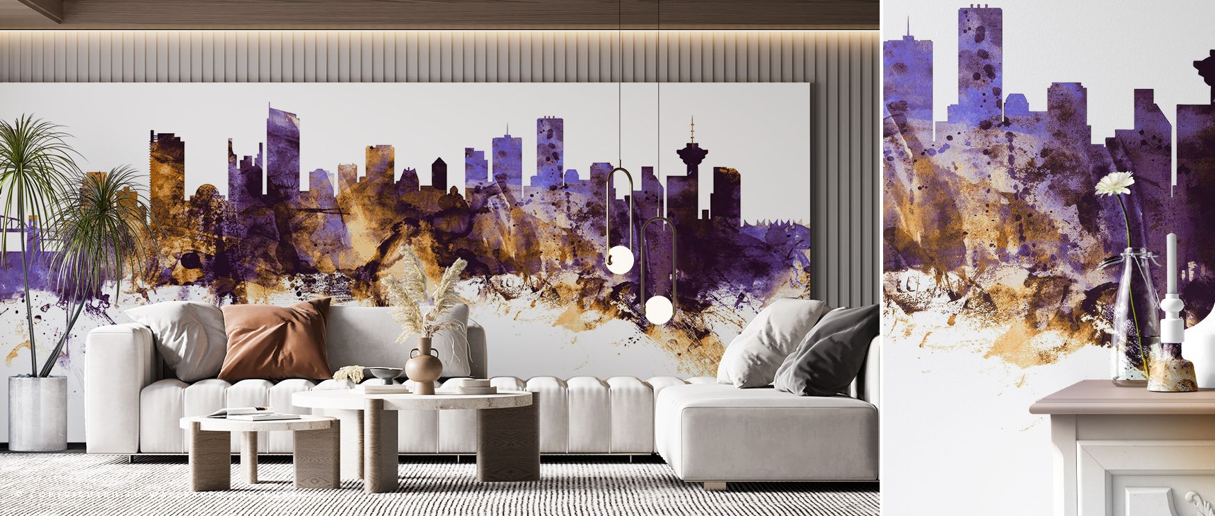 Gold accents sparkle subtly to punctuate forms. Vancouver Canada Skyline Purple & Gold Wallpaper manages detail carefully. Living rooms gain polish. Surfaces glow softly. Rhythm remains calm. Balance sustains tone. Serenity defines imagery. Elegance persi