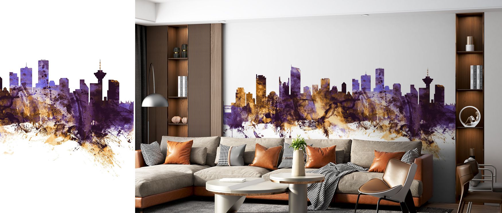 Negative sky areas open space around towers. Vancouver Canada Skyline Purple & Gold Wallpaper sustains clarity. Lounges feel composed. Surfaces glow smoothly. Rhythm flows gently. Balance holds naturally. Serenity frames tone. Elegance defines design. The