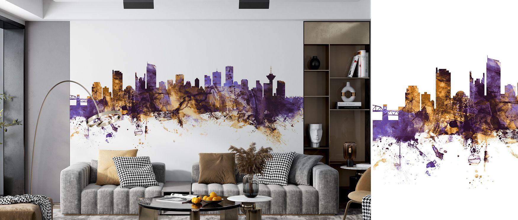 Seam transitions align silhouettes across panels seamlessly. Vancouver Canada Skyline Purple & Gold Wallpaper maintains continuity. Study corners feel cohesive. Surfaces stay whole. Rhythm remains calm. Balance holds steady. Serenity flows evenly. Eleganc