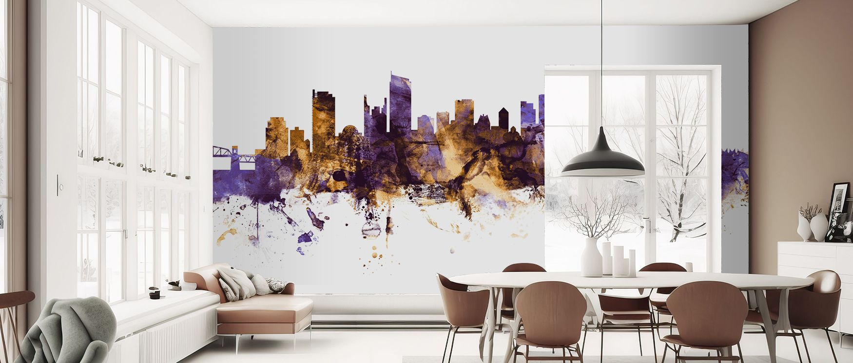 Palette contrasts deep purples with luminous golds carefully. Vancouver Canada Skyline Purple & Gold Wallpaper curates tones for living areas. Surfaces glow warmly. Rhythm sustains poise. Balance holds true. Serenity defines mood. Elegance carries imagery