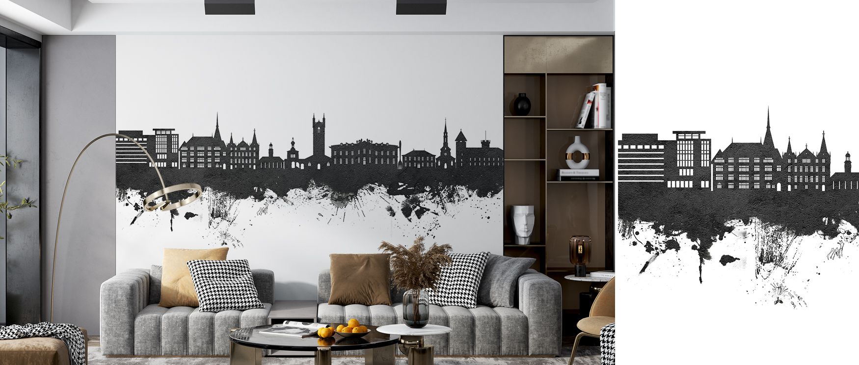 Seam logic extends lines across panels seamlessly. Vevey Switzerland Skyline Black & White Wallpaper keeps continuity intact. Lounges read unified. Repeats hide cleanly. Rhythm never stutters. Balance remains sure. The effect is polished. 