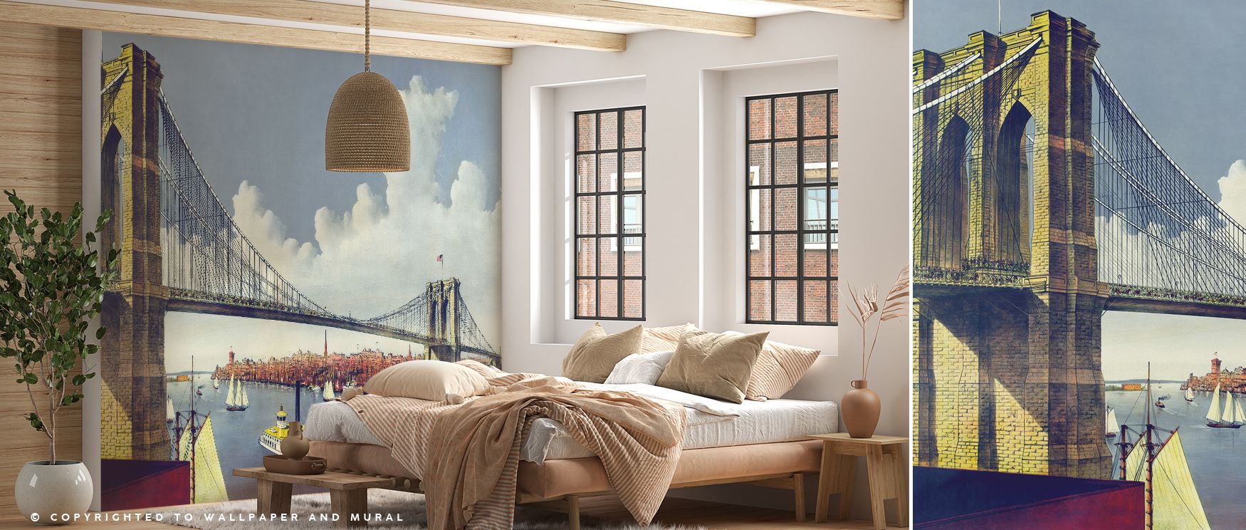 Etched trusses stride across the field in tidy rhythm. Vintage Illustration of East River Bridge, New York Wallpaper enriches living rooms with classic calm. Lines stay crisp. Patina glows softly. Balance holds. Serenity endures. Elegance frames detail. 