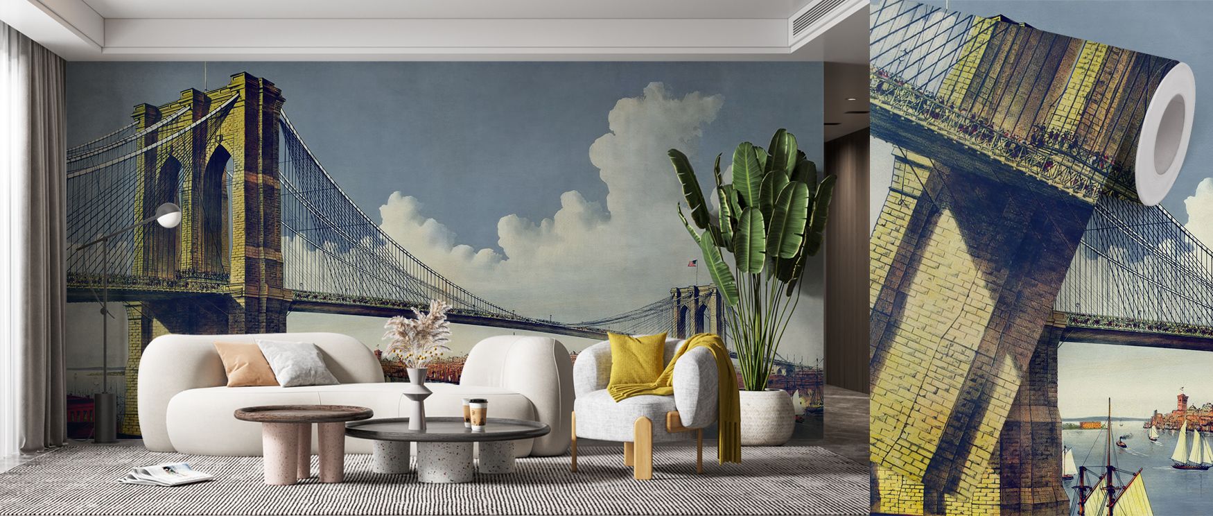 Cross-hatching builds depth without weight. Vintage Illustration of East River Bridge, New York Wallpaper sustains refinement in offices. Shadows remain light. Movement is measured. Proportions read true. Harmony persists. The look is cultured. 