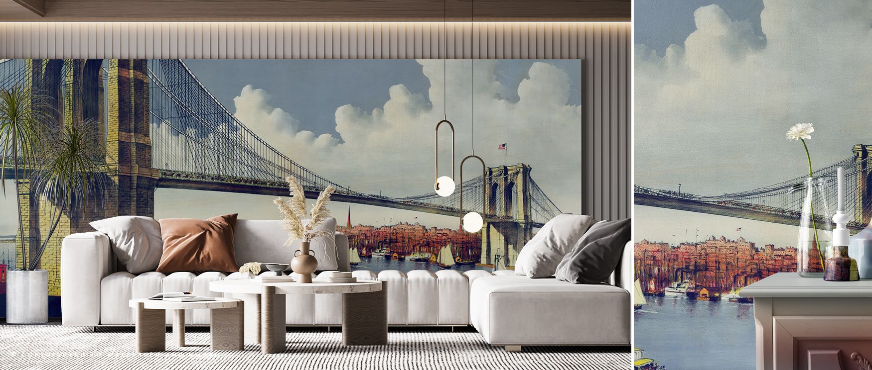 Negative river space opens the scene for breath. Vintage Illustration of East River Bridge, New York Wallpaper avoids crowding in bedrooms. Surfaces glow evenly. Rhythm flows gently. Balance remains steady. Serenity defines tone. The vista feels open. 
