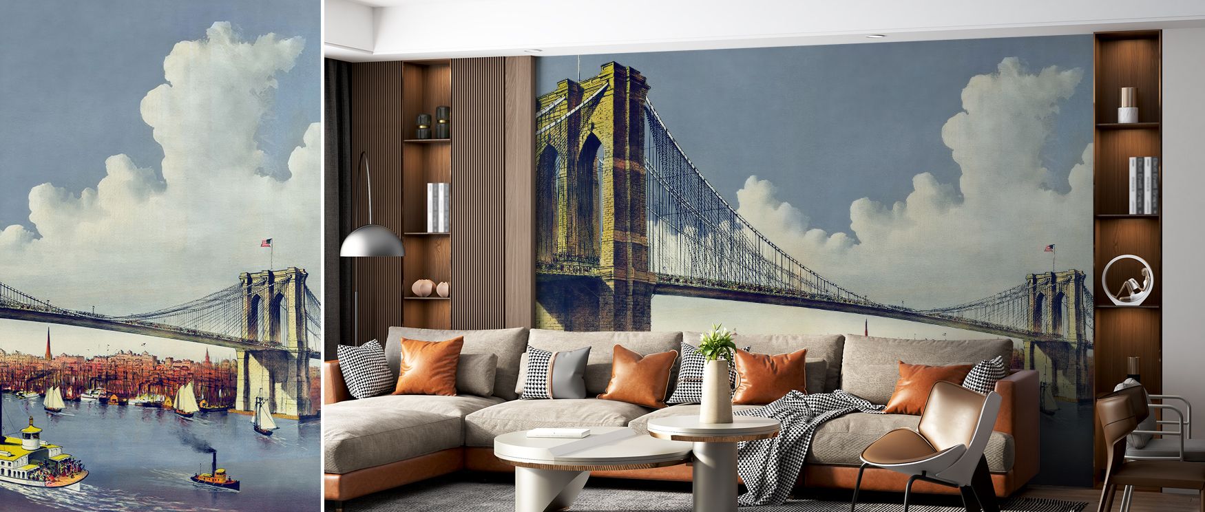 Cable lines sweep in fine arcs, guiding the gaze. Vintage Illustration of East River Bridge, New York Wallpaper uses restraint. Study nooks gain focus. Edges are exact. Depth cues are subtle. Order prevails. Elegance lingers. 