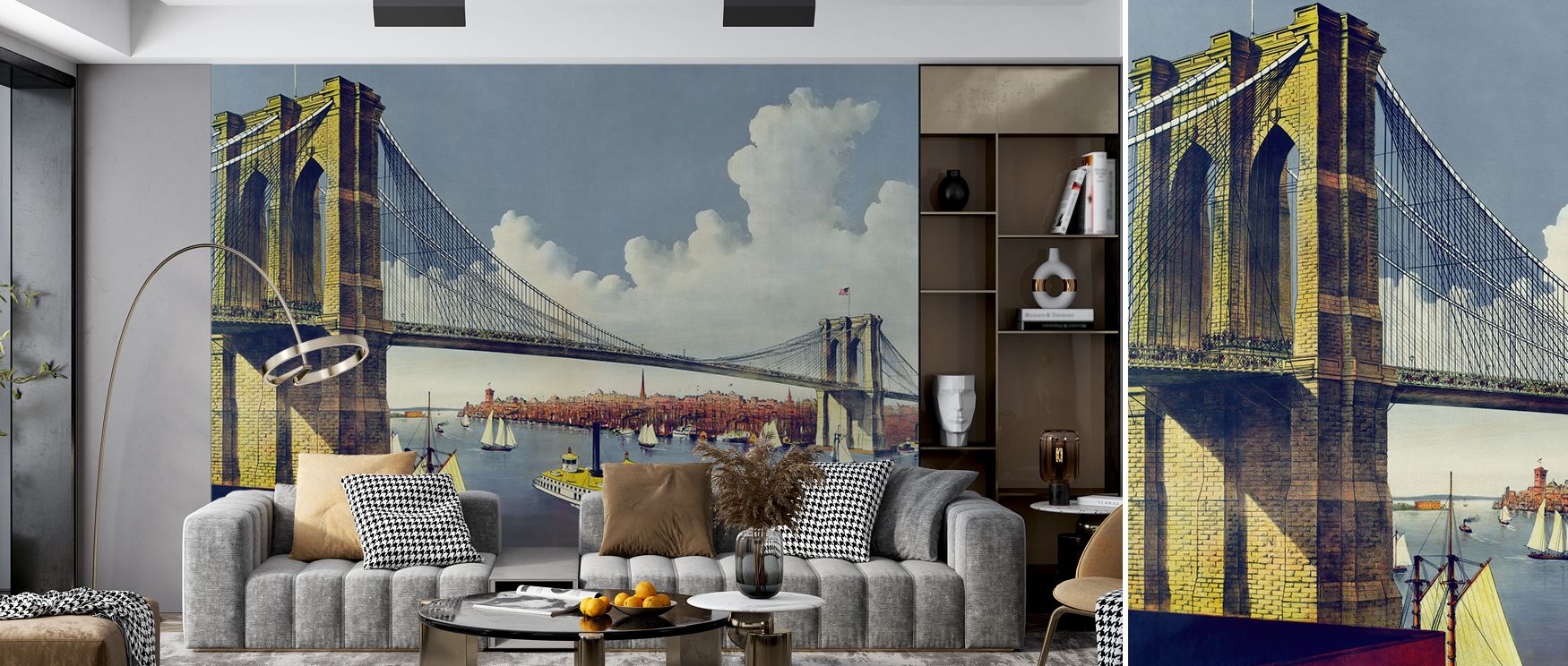 Warm paper undertones soften monochrome ink. Vintage Illustration of East River Bridge, New York Wallpaper tempers contrast. Lounges feel inviting. Texture reads authentic. Rhythm continues smoothly. Balance persists. The scene feels timeless. 