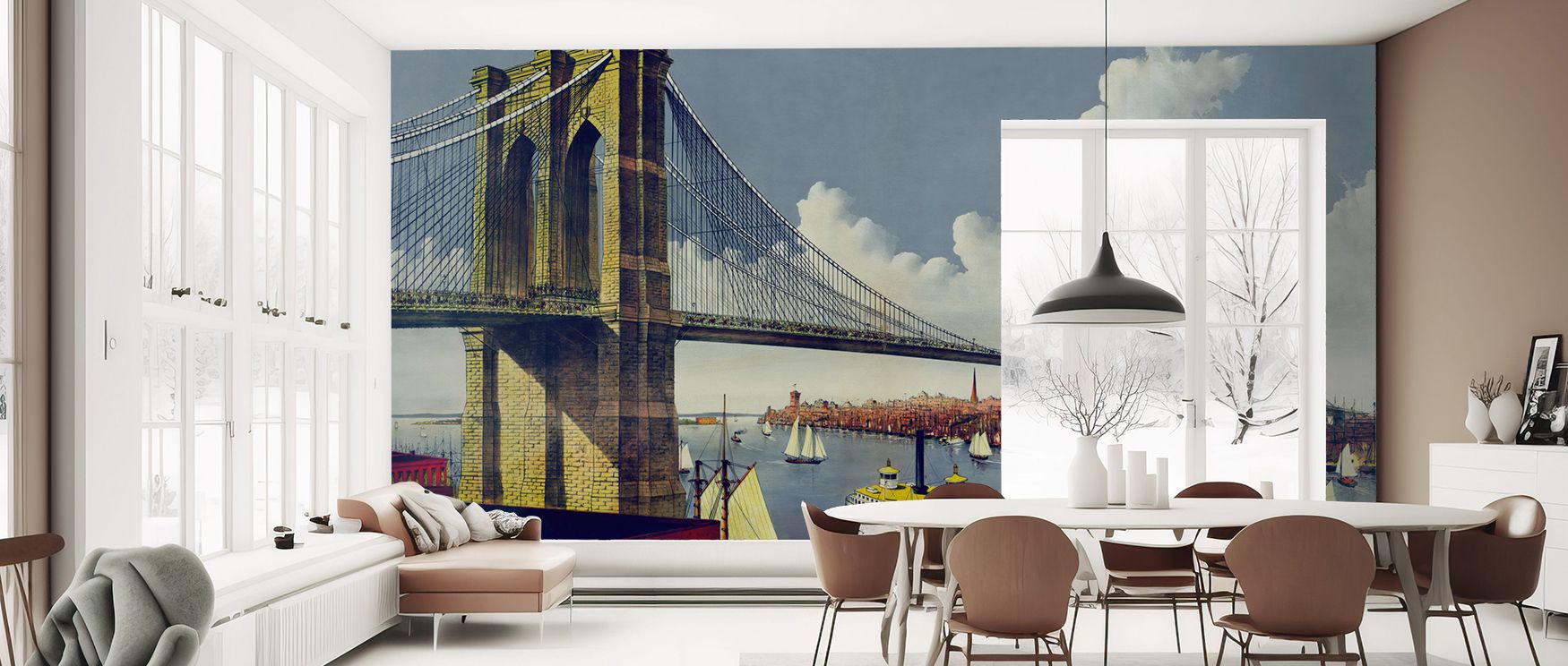 Arch geometry steps cleanly toward the horizon. Vintage Illustration of East River Bridge, New York Wallpaper maintains perspective. Dining walls gain poise. Lines remain tidy. Depth stays believable. Harmony endures. Calm prevails. 