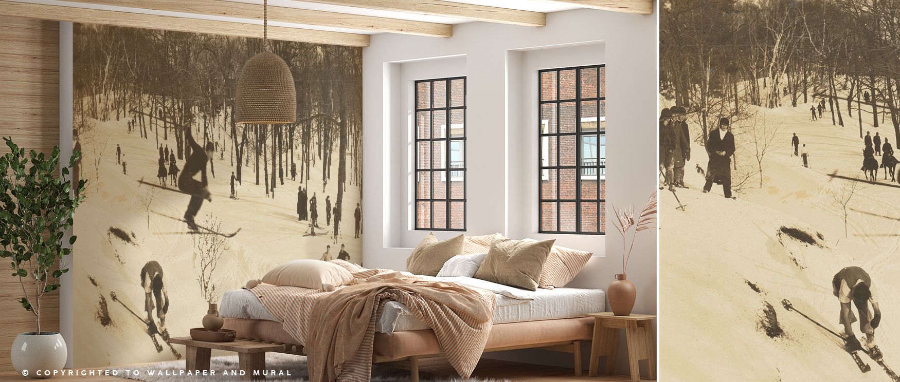 Skiers descend in poised diagonals across soft slopes. Vintage Skiing Wallpaper energizes living rooms with alpine nostalgia. Rhythm flows evenly. Balance stays calm. Serenity defines mood. Elegance endures. The effect is lively. 