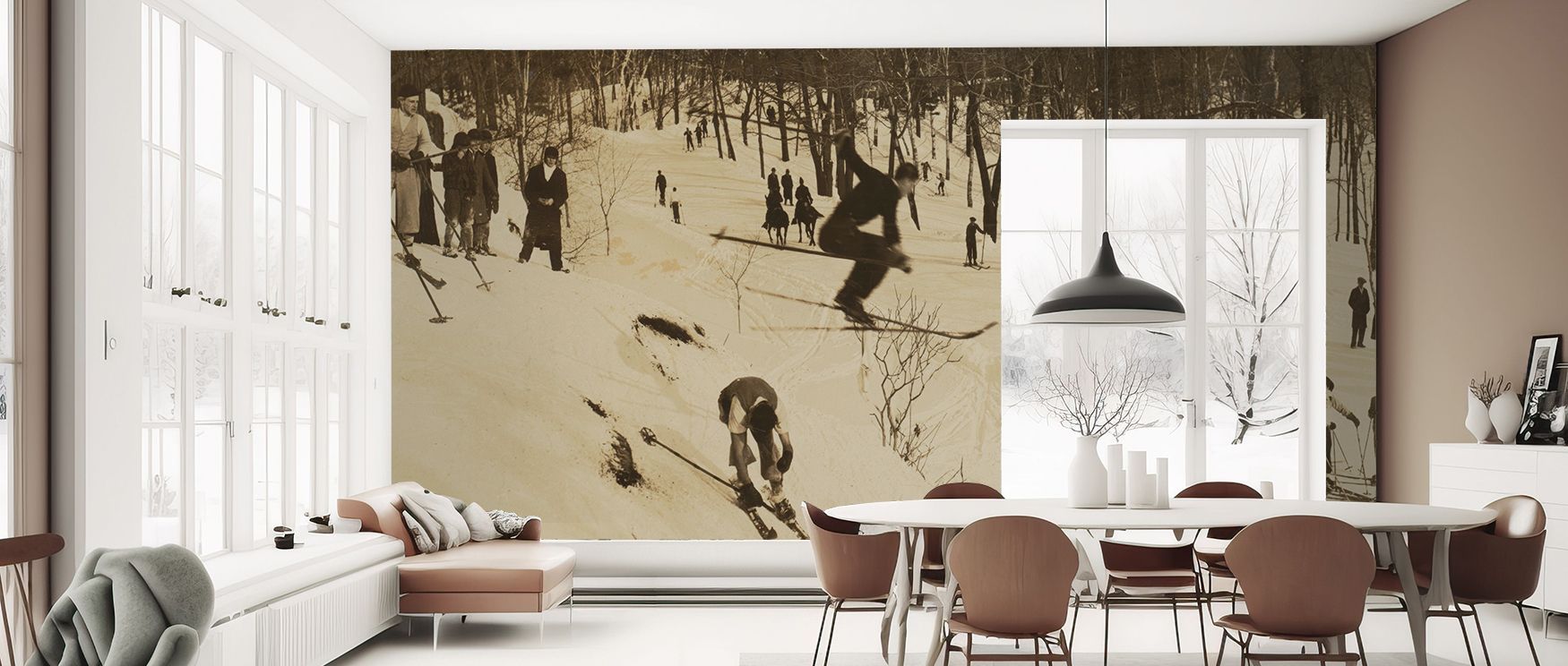 Palette uses muted blues, whites, and vintage neutrals. Vintage Skiing Wallpaper tempers tones gracefully. Bedrooms feel refreshed. Surfaces glow softly. Calm holds. Balance stays sure. Elegance sustains. 