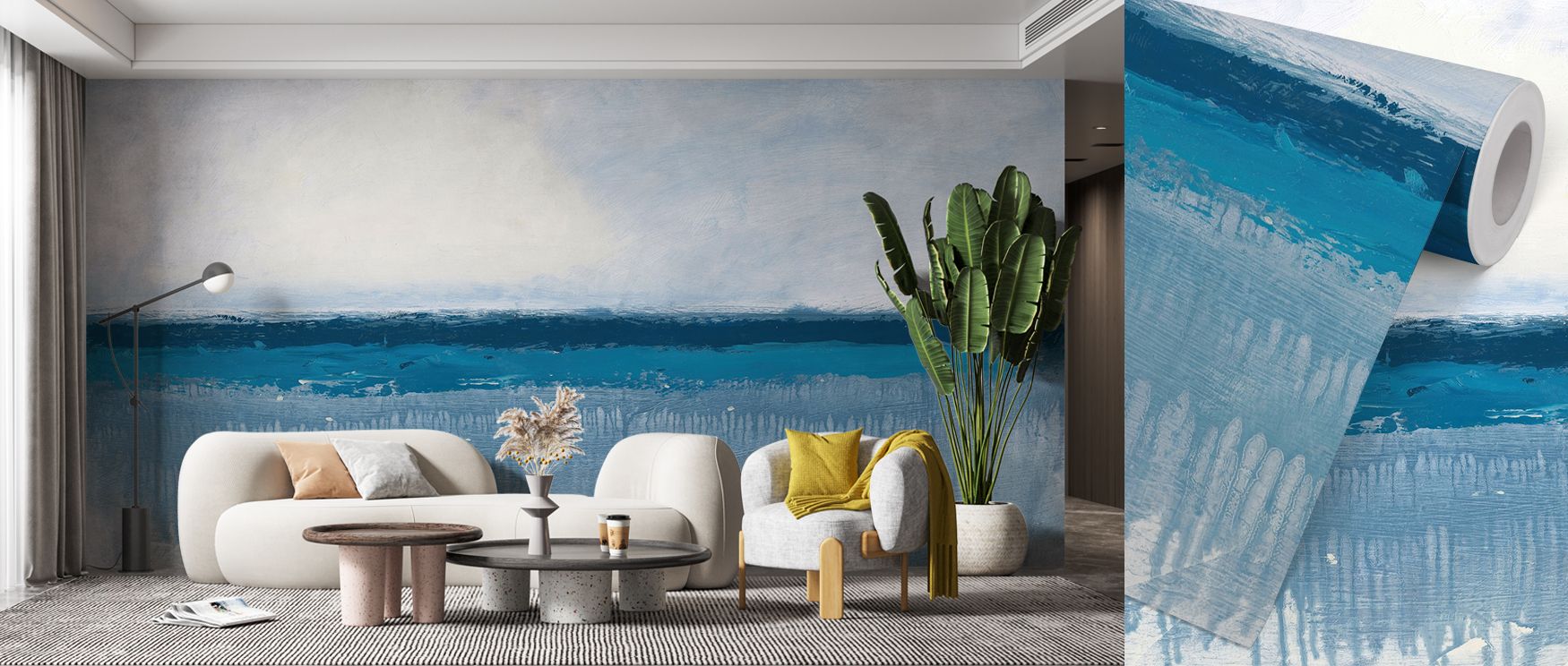 Airy openness and fluid water textures unite in the Water and Air Wallpaper. Its imagery transforms interiors into peaceful environments, enhancing bedrooms, living rooms, and offices with harmony and timeless elegance. 