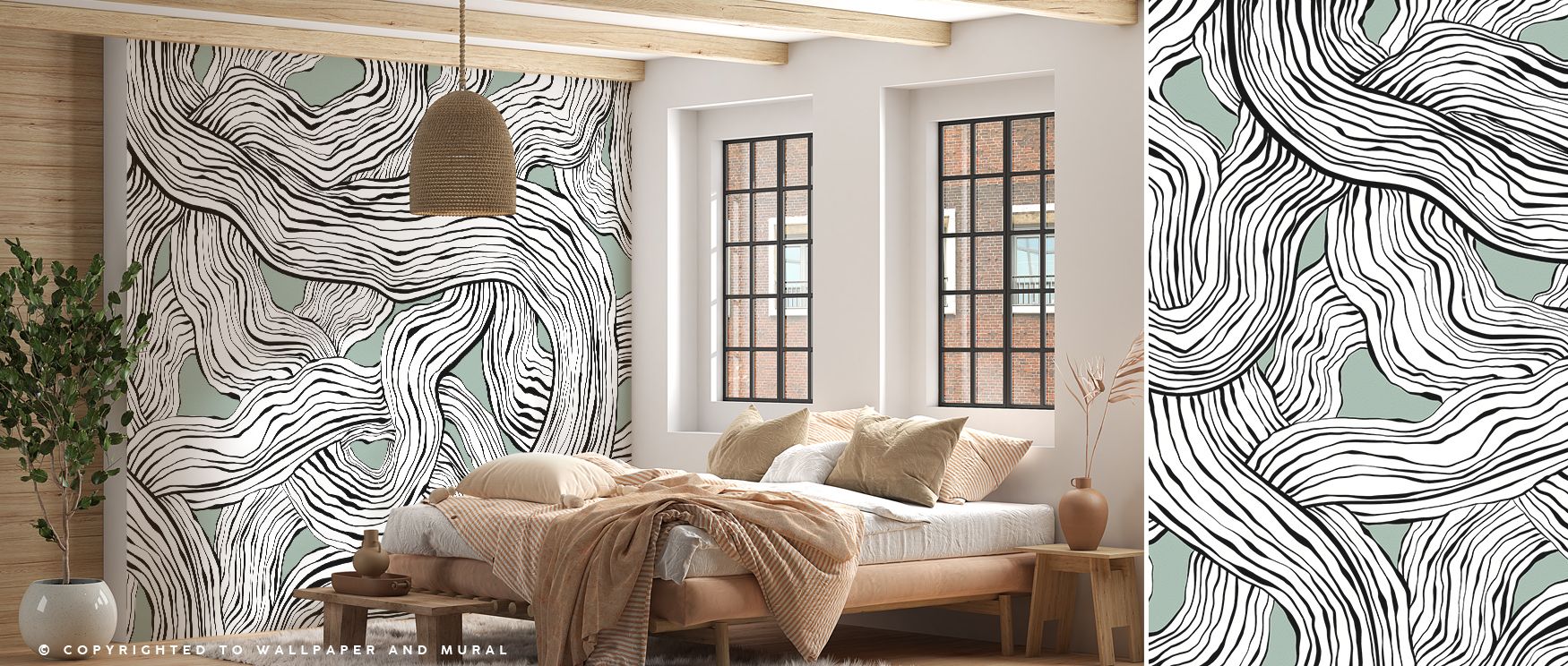 Weaves & Waves Dusty Green Wallpaper blends abstract woven detail with fluid patterns, creating harmony indoors. Its imagery enriches bedrooms with sophistication, offices with creativity, and living rooms with modern elegance. 
