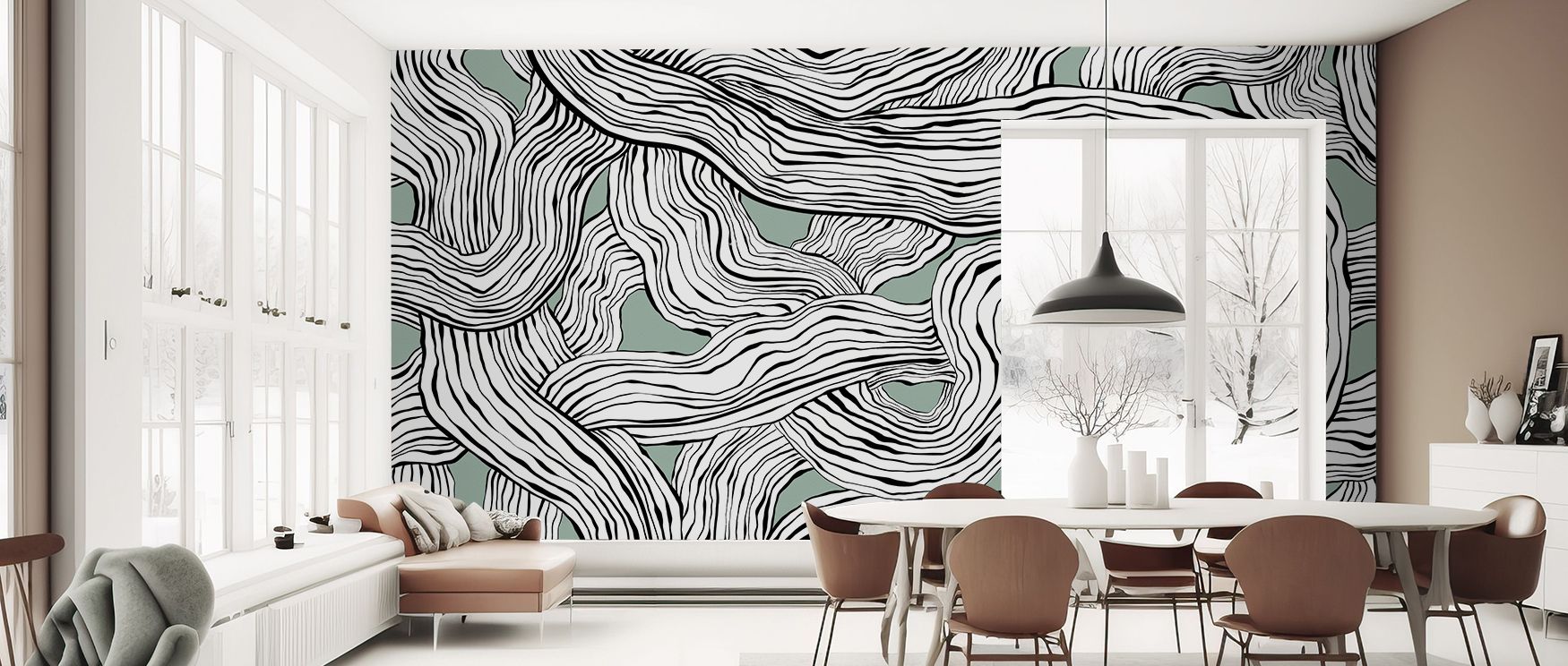 Textured woven details merge with flowing waves in the Weaves & Waves Dusty Green Wallpaper. Its design offers stylish harmony, transforming bedrooms, offices, and living rooms into creative and elegant spaces. 