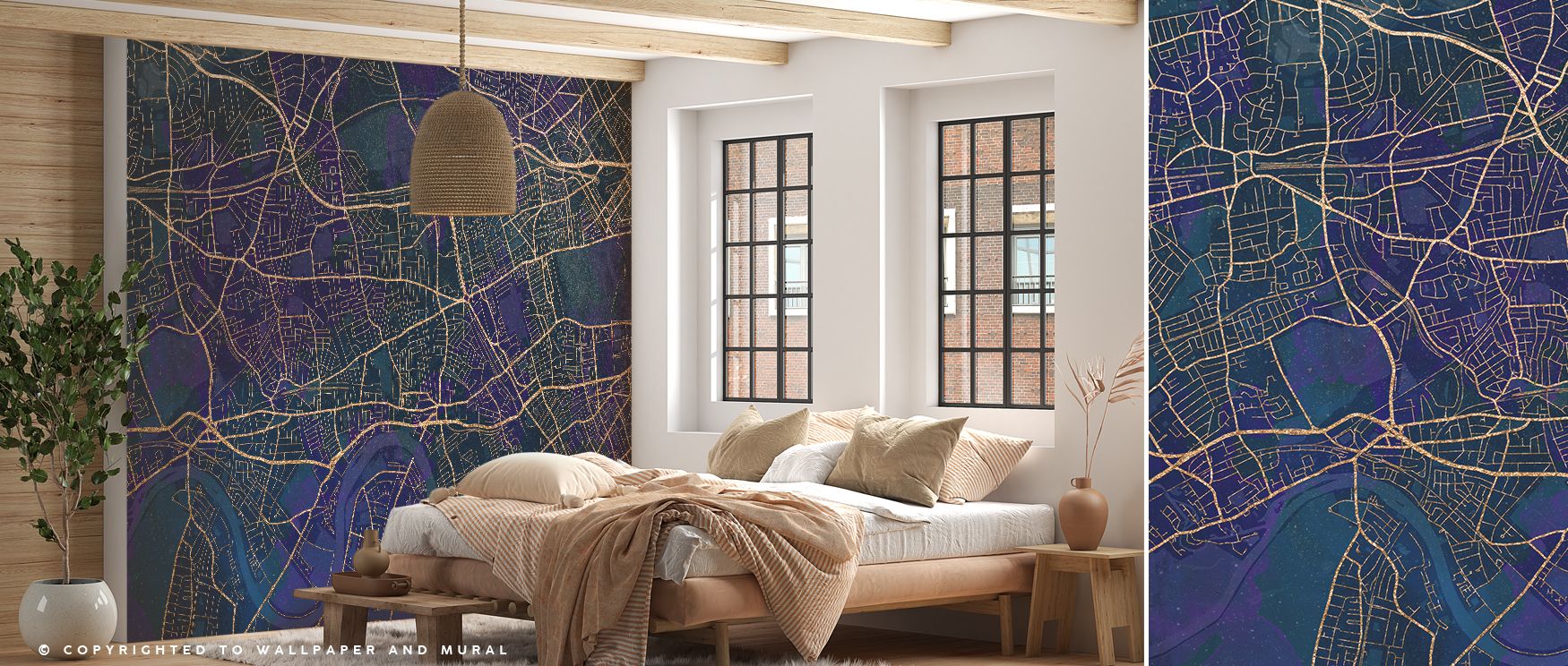 The West London Blue & Gold Wallpaper captures the city skyline in luxurious tones, enriching bedrooms with refinement, offices with sophistication, and living rooms with urban charm. Its imagery offers interiors timeless elegance and cultural artistry. 
