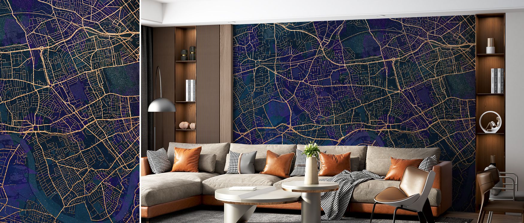 Strong color contrasts highlight the West London Blue & Gold Wallpaper, offering urban artistry for interiors. Its design enhances bedrooms, living rooms, and offices, creating walls that radiate charm, sophistication, and modern style. 