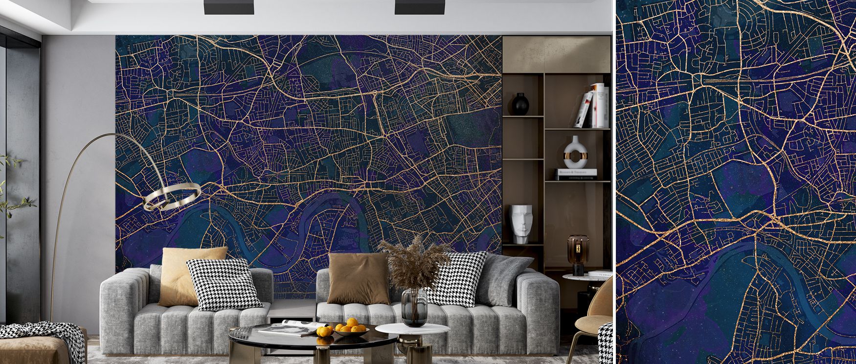 Bold design defines the West London Blue & Gold Wallpaper, offering detailed imagery and luxurious tones. Its composition enriches bedrooms with elegance, living rooms with charm, and offices with refinement, adding cultural identity to interiors. 