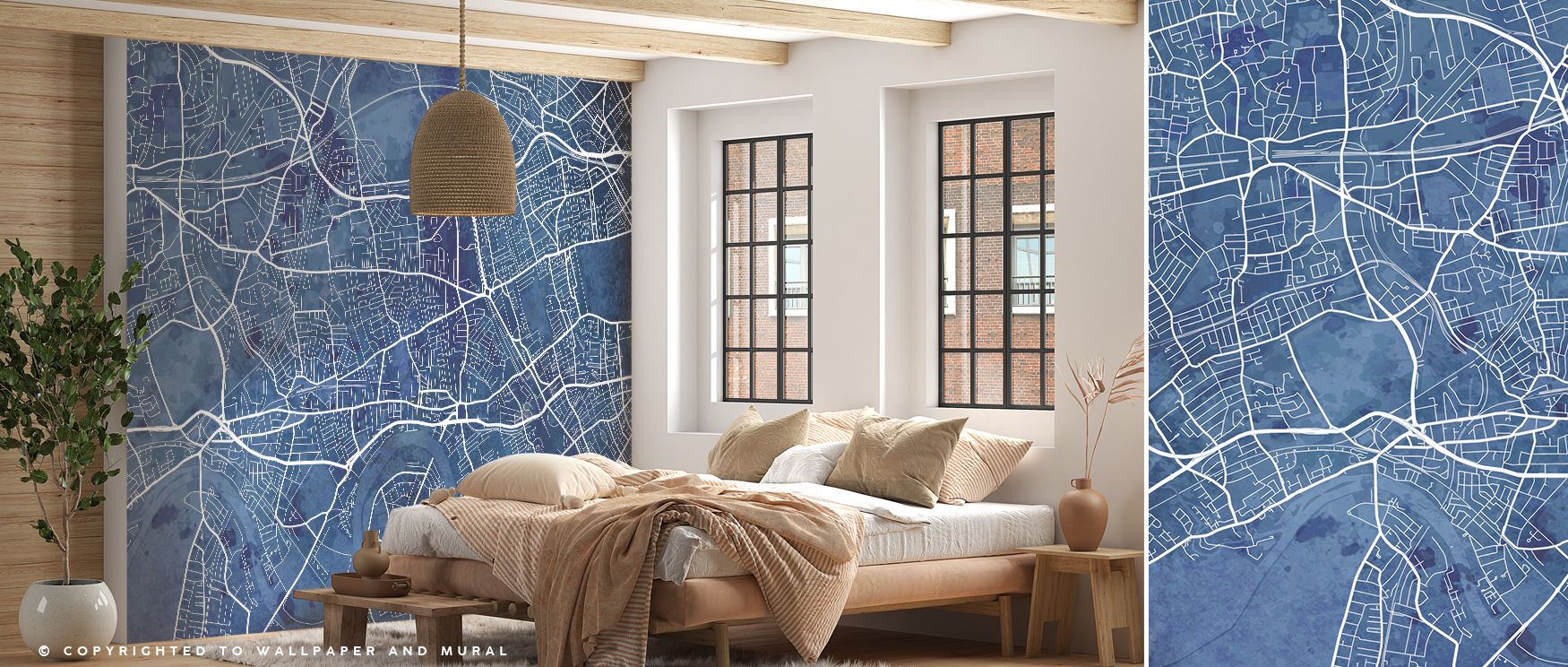 The West London Blue Wallpaper enhances interiors with bold tones and refined detail, enriching bedrooms with elegance, living rooms with charm, and offices with sophistication. Its imagery creates walls filled with cultural artistry. 
