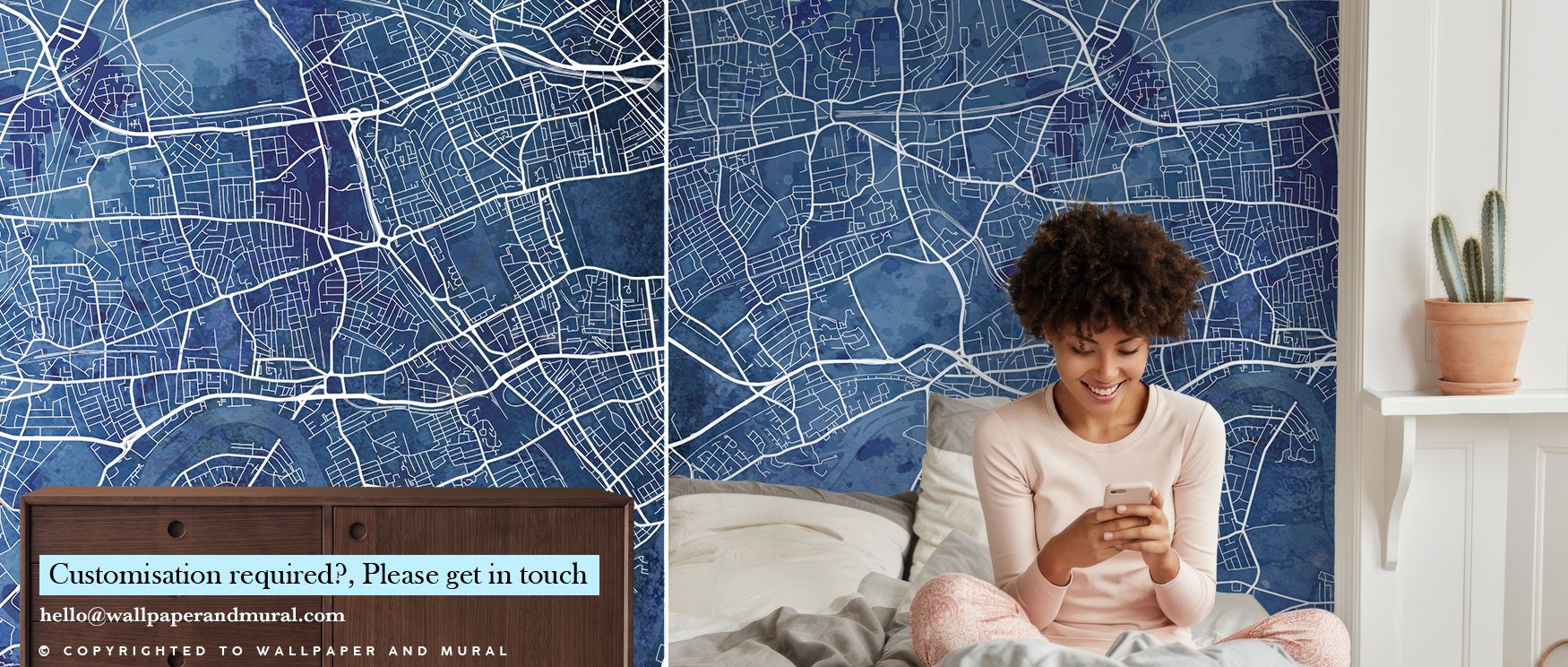 Rich blue tones define the West London Blue Wallpaper, offering bold artistry for interiors. Its design enhances bedrooms, living rooms, and offices with modern charm, creating spaces filled with elegance and sophistication. 