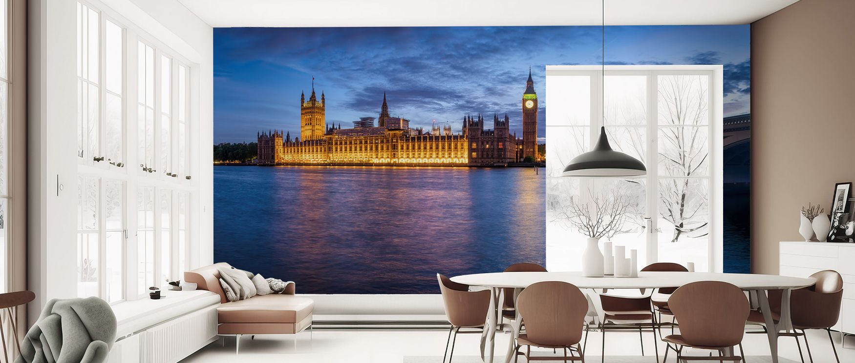 Bold silhouettes define the Westminster Lit Wallpaper, merging cultural artistry with luminous tones. Its imagery reflects strength and refinement, presenting iconic architecture with expressive detail and balanced modern elegance. 