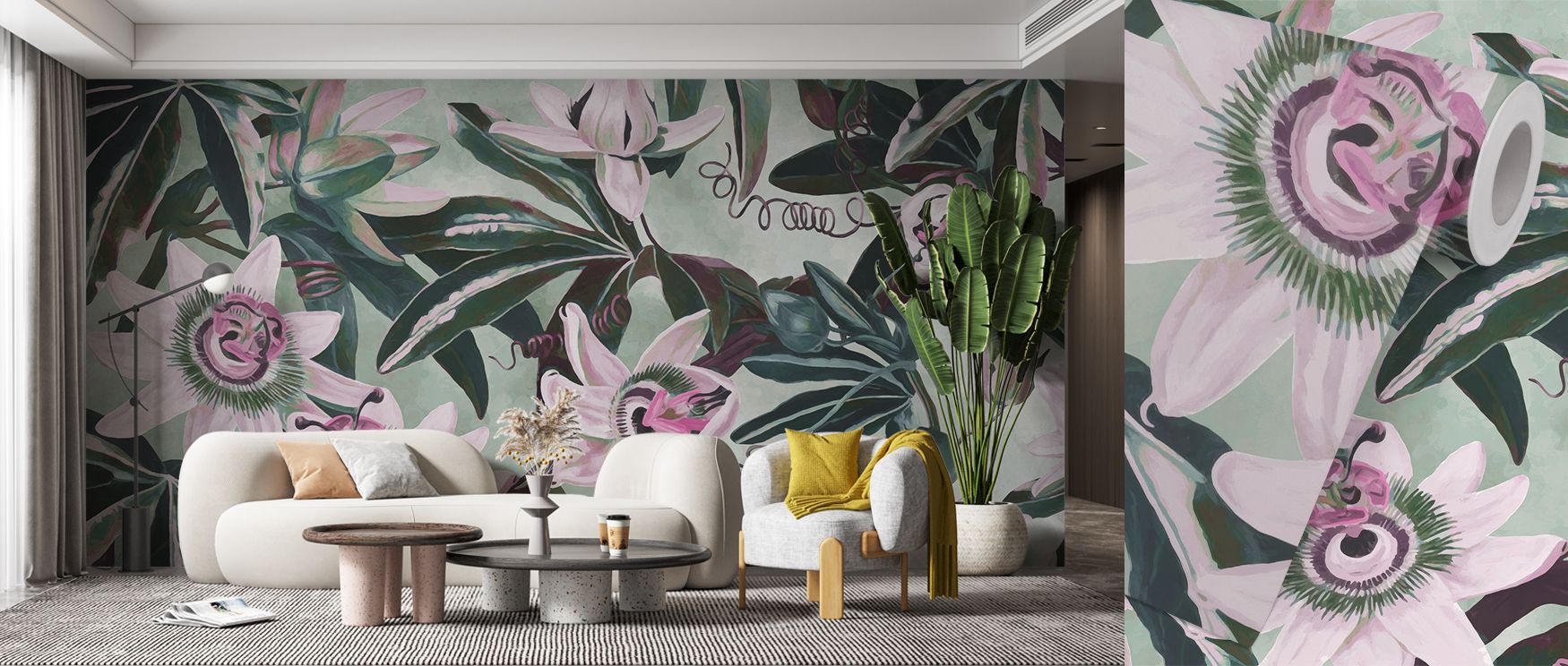 The White Passiflora Bright Green Wallpaper celebrates harmony through soft floral accents paired with vivid tones. Its blossoms are delicately placed, reflecting sophistication and vitality in equal measure. This design inspires freshness, making living 